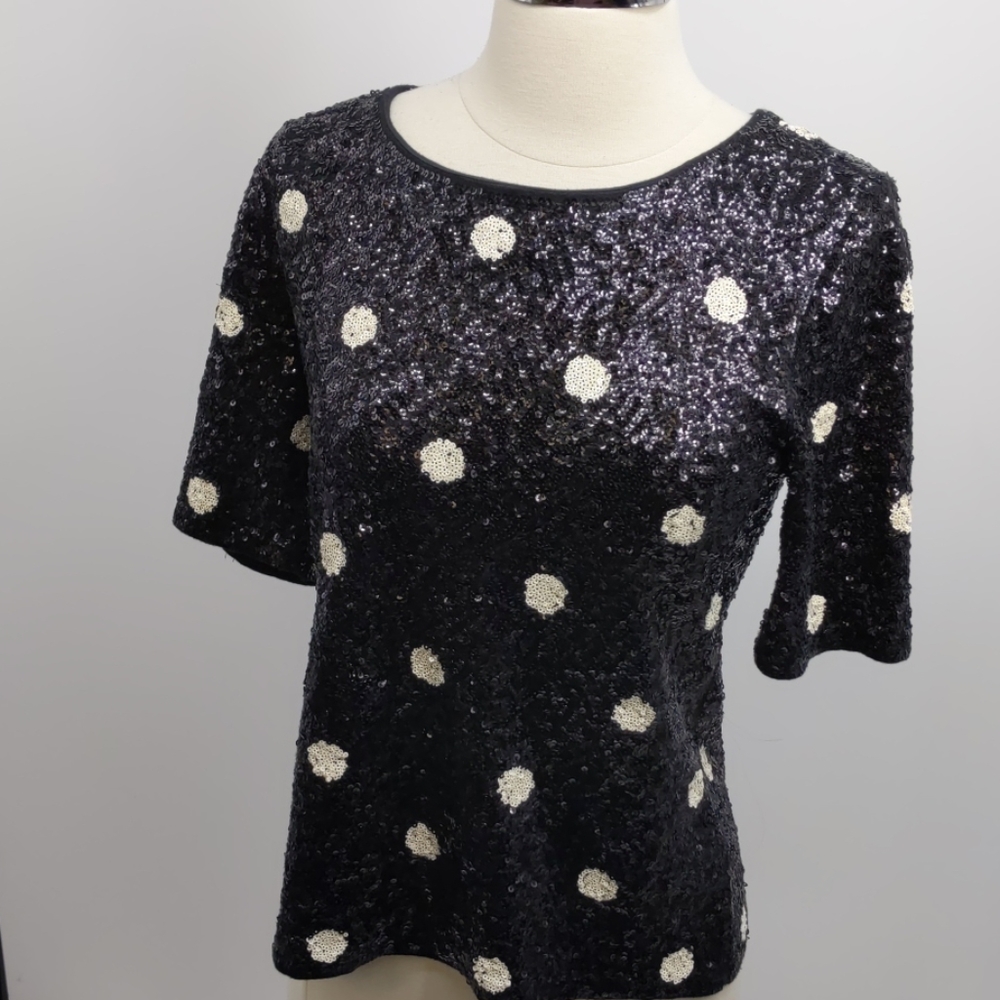 J. Crew Black/White Dots Sequin Basic Tee Top-Sz S - image 1
